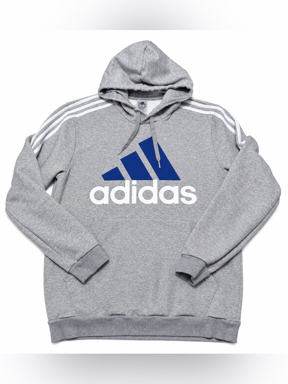 Adidas Men’s XL Gray Fleece Hoodie Blue Logo 3 Stripe Pullover Sweatshirt